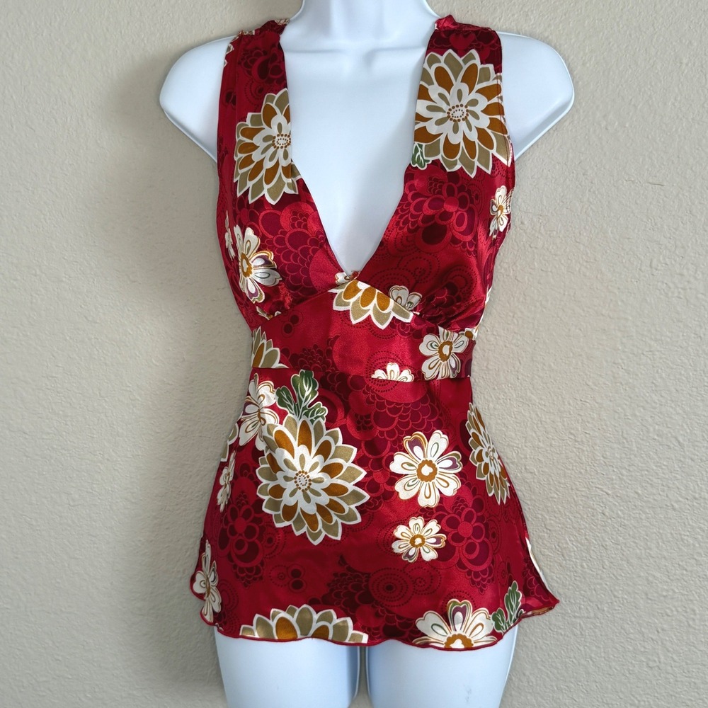 Y2K Womens Medium Fairy Boho Red Floral Satin Babydoll Tie Back Top Indie